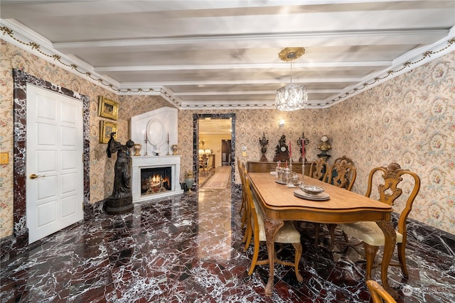 4 Thornewood Ln SW, Lakewood, WA 98498 - tiled dining space with crown molding, beamed ceiling, and a chandelier