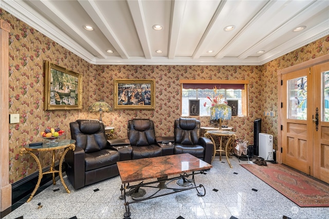 4 Thornewood Ln SW, Lakewood, WA 98498 - living room featuring ornamental molding, light tile floors, and beamed ceiling