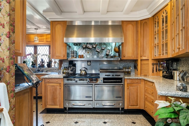 4 Thornewood Ln SW, Lakewood, WA 98498 - kitchen with backsplash, light tile flooring, light stone counters, and wall chimney exhaust hood