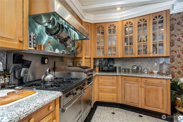 4 Thornewood Ln SW, Lakewood, WA 98498 - kitchen with tasteful backsplash, ornamental molding, light tile floors, and light stone counters