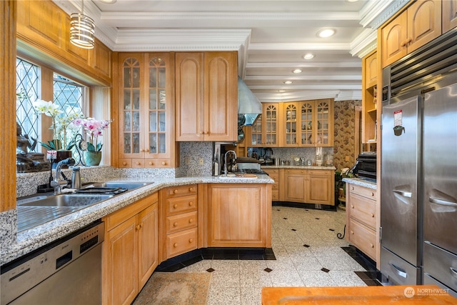 4 Thornewood Ln SW, Lakewood, WA 98498 - kitchen with tasteful backsplash, ornamental molding, built in fridge, dishwasher, and sink