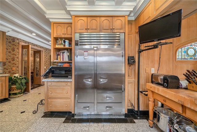 4 Thornewood Ln SW, Lakewood, WA 98498 - kitchen with crown molding, built in fridge, and dark tile floors