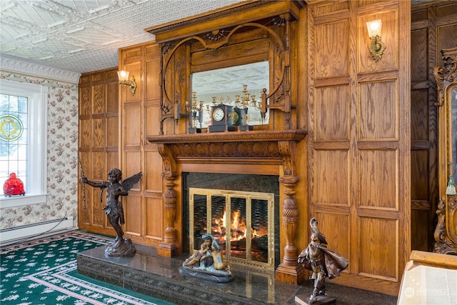 4 Thornewood Ln SW, Lakewood, WA 98498 - bar with a tiled fireplace, wood walls, and a baseboard radiator