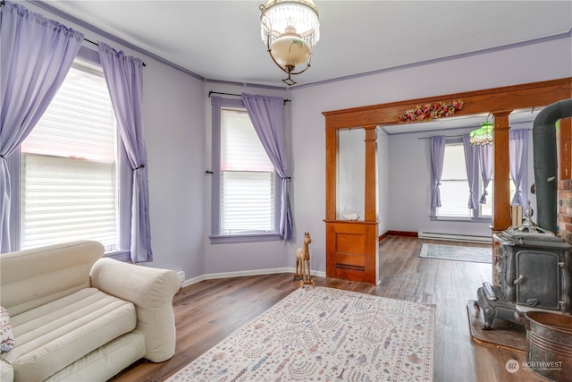 interior space featuring a baseboard heating unit, a healthy amount of sunlight, wood-type flooring, and a wood stove