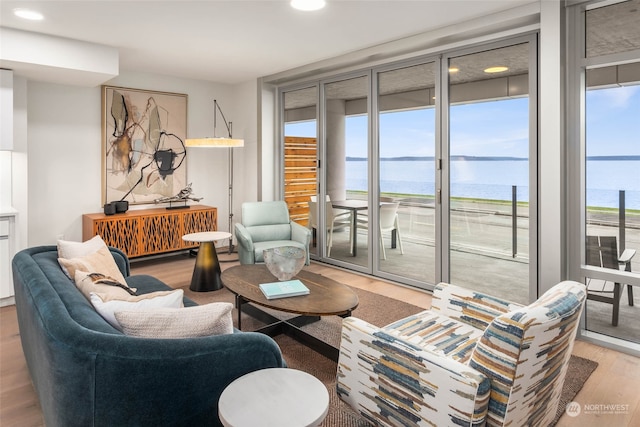 living room featuring a water view and light wood-type flooring