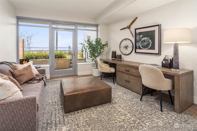 home office with light hardwood / wood-style floors and a water view