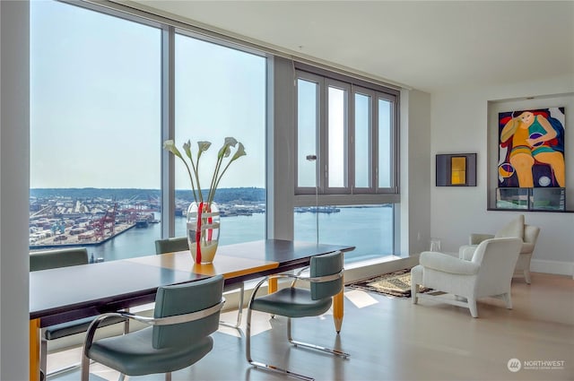 dining room with a water view and plenty of natural light