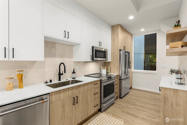 kitchen with appliances with stainless steel finishes, backsplash, sink, light hardwood / wood-style flooring, and white cabinets