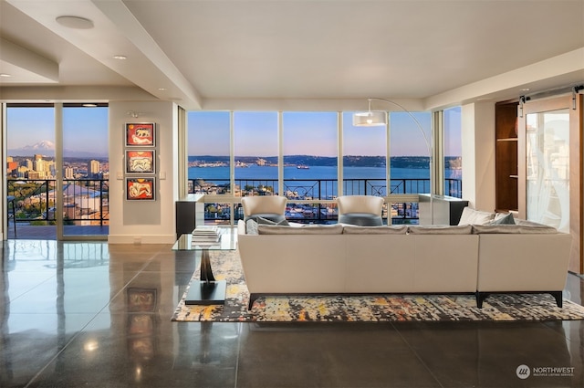 living room featuring a water view, plenty of natural light, and a wall of windows