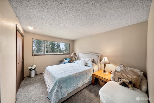 bedroom featuring carpet, a closet, and a textured ceiling