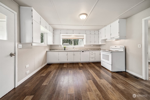 kitchen with sink, white cabinets, white appliances, and dark wood-type flooring