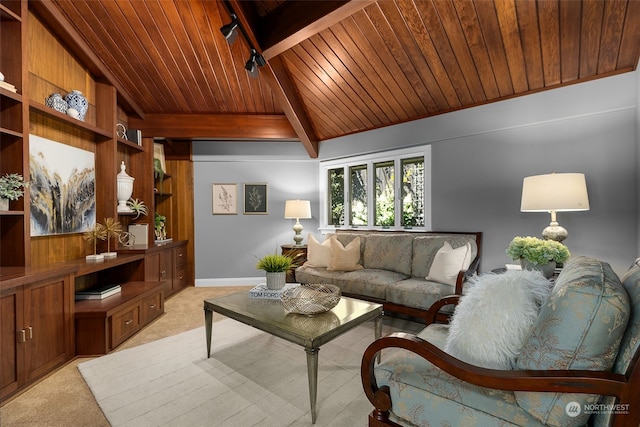 carpeted living room featuring wood ceiling, built in features, and vaulted ceiling with beams