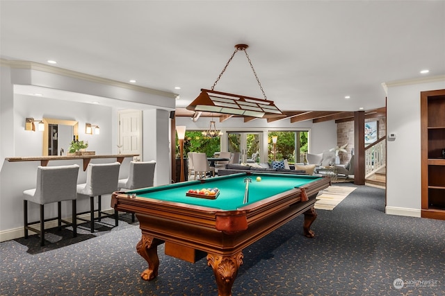 recreation room with billiards, carpet floors, and ornamental molding