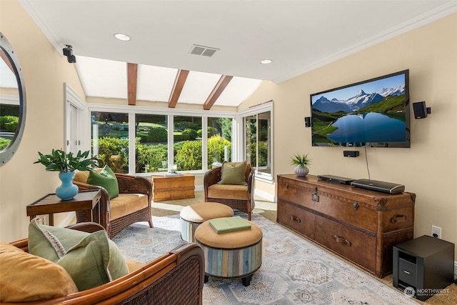 sunroom / solarium featuring vaulted ceiling with beams