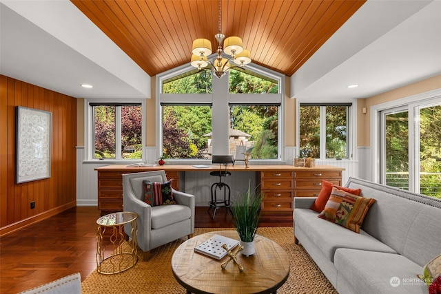 sunroom featuring wood ceiling, plenty of natural light, vaulted ceiling, and a chandelier