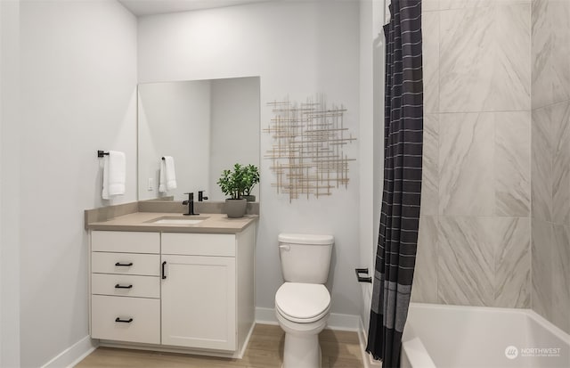 full bathroom with vanity, toilet, and shower / bathtub combination with curtain