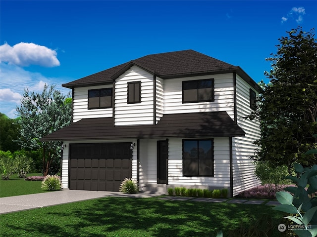 front facade featuring a front lawn and a garage