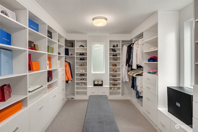 walk in closet featuring light carpet