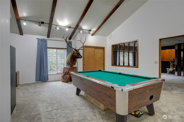 recreation room featuring high vaulted ceiling, billiards, beamed ceiling, light carpet, and track lighting