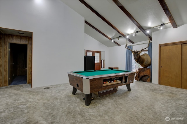 game room with pool table, track lighting, high vaulted ceiling, light carpet, and beam ceiling