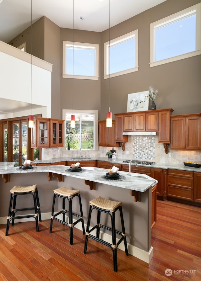 kitchen with a healthy amount of sunlight, a high ceiling, and a kitchen bar