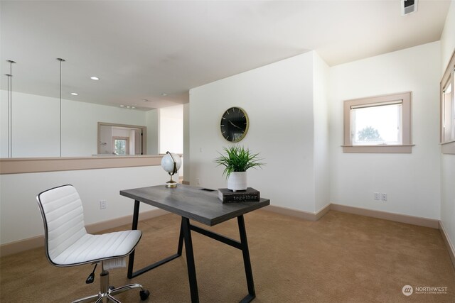 office area featuring light colored carpet