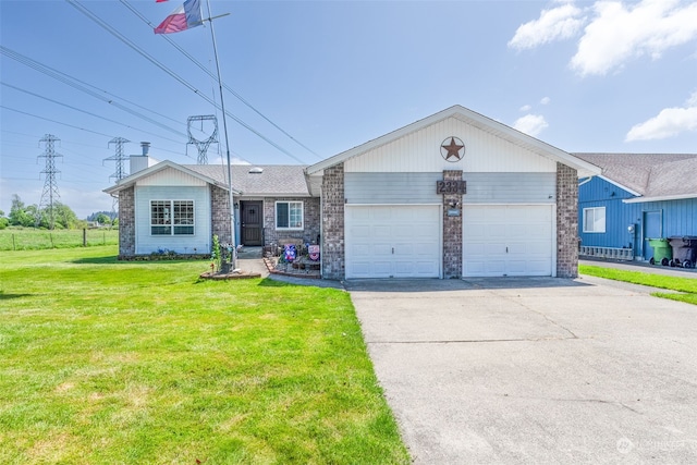 ranch-style home featuring a garage and a front lawn