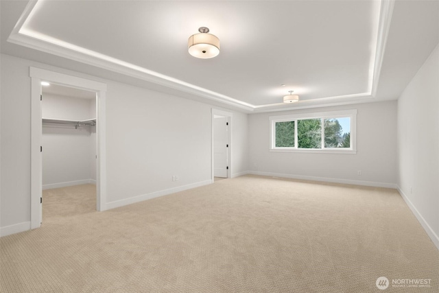 unfurnished bedroom with a raised ceiling, light carpet, a spacious closet, and baseboards