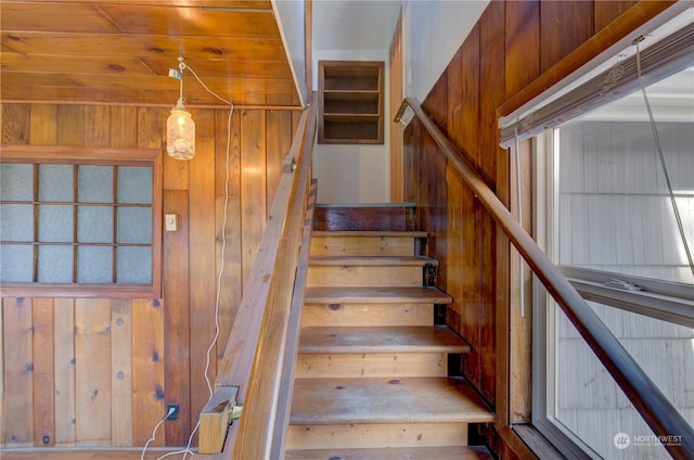 staircase with wood walls