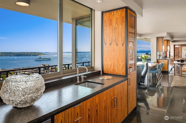 kitchen featuring a water view and sink