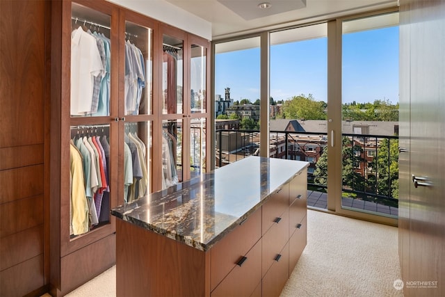 walk in closet featuring light carpet