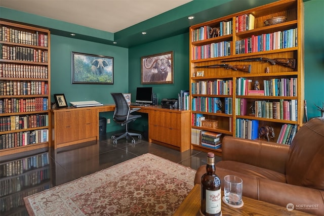 home office featuring dark wood-type flooring