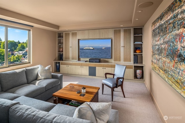 living room featuring built in features, carpet flooring, a water view, and a raised ceiling