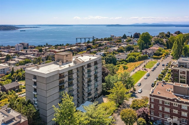 drone / aerial view featuring a water view