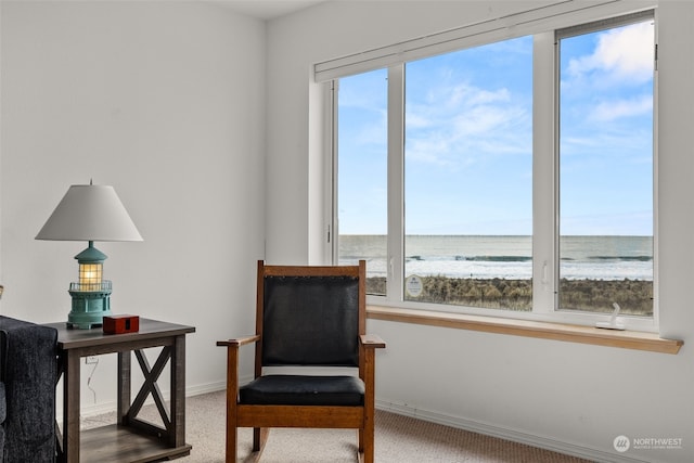 sitting room with light colored carpet, a healthy amount of sunlight, and a water view