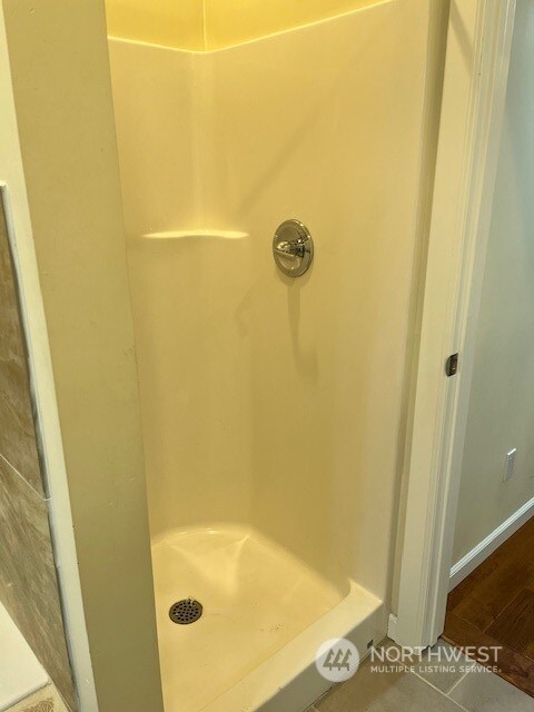 bathroom featuring hardwood / wood-style floors and walk in shower