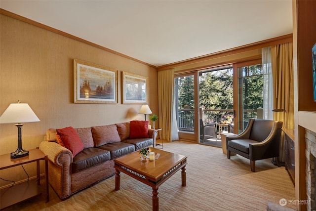 living room featuring ornamental molding and a fireplace