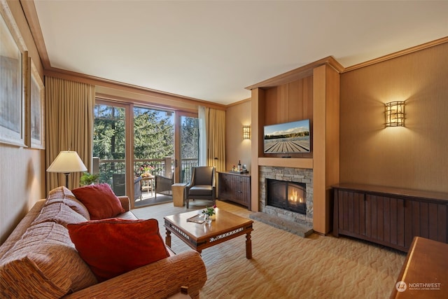 living room featuring a stone fireplace, crown molding, and radiator