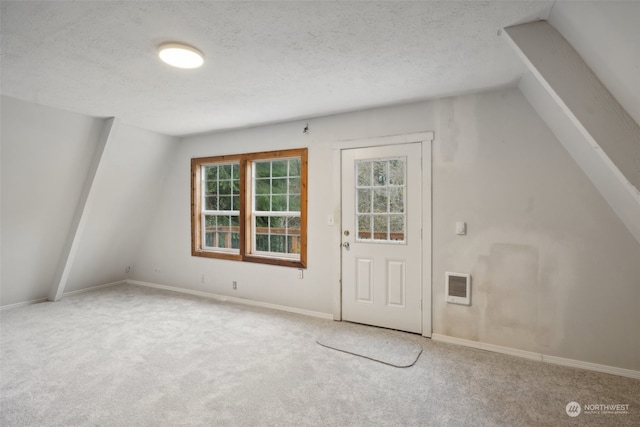 interior space with carpet, a textured ceiling, and vaulted ceiling