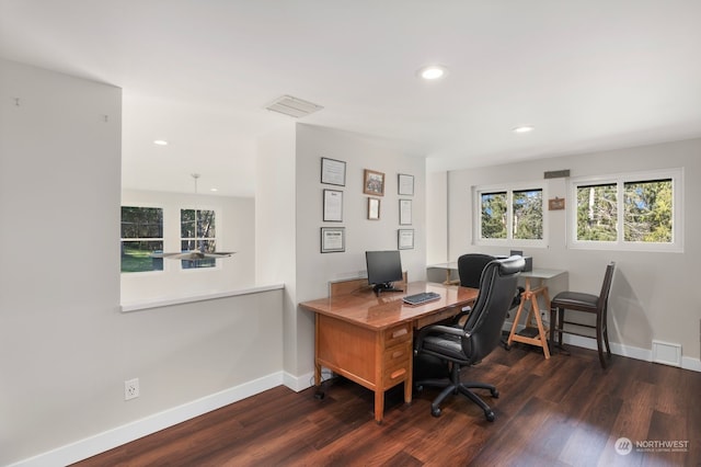 office space with dark hardwood / wood-style flooring