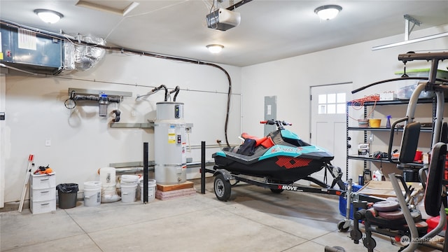 garage with strapped water heater, a garage door opener, and electric panel