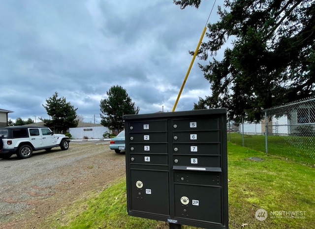 exterior space with a mail area and a lawn