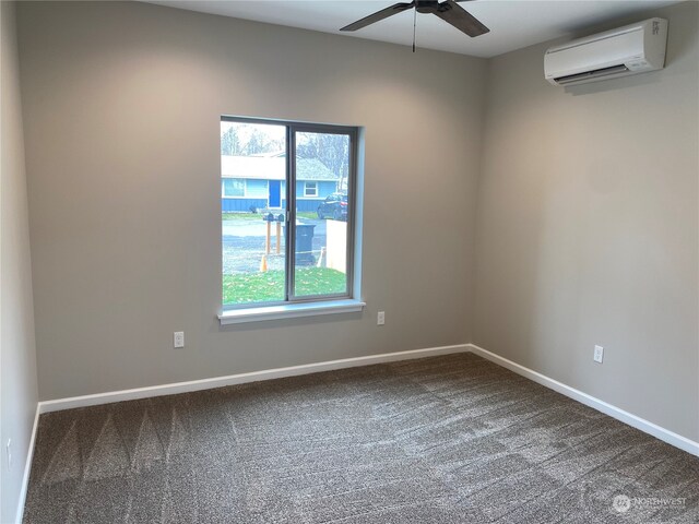 carpeted empty room featuring ceiling fan, a wall mounted AC, and a healthy amount of sunlight