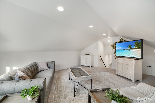 living room with light carpet and lofted ceiling