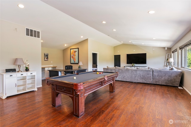 recreation room featuring dark wood-type flooring, vaulted ceiling, and billiards