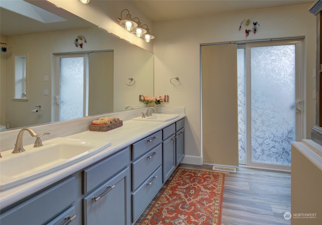 bathroom featuring dual bowl vanity and hardwood / wood-style flooring