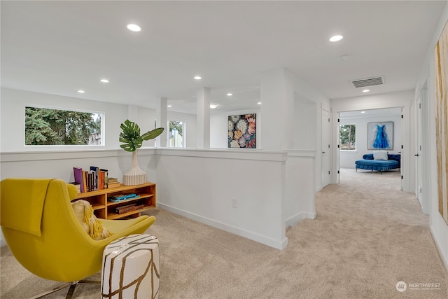 sitting room with light colored carpet