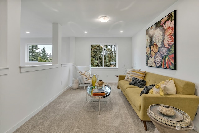 living room with plenty of natural light and light carpet