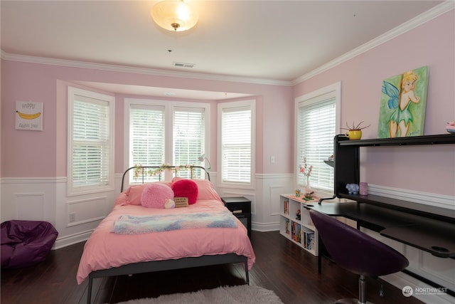 bedroom featuring dark hardwood / wood-style floors and ornamental molding