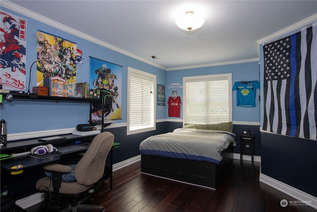 bedroom featuring ornamental molding and dark hardwood / wood-style floors